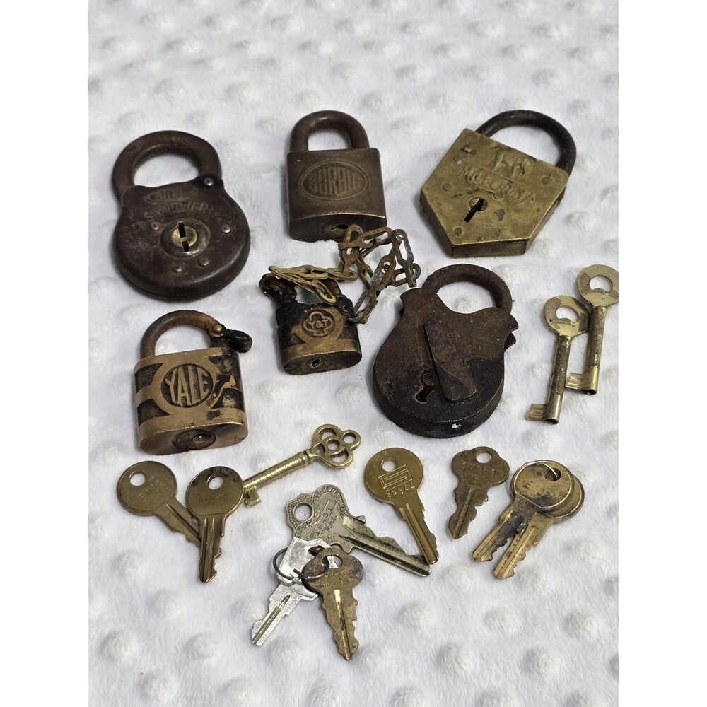 Vintage Padlock Lot Of 6 Various Keys Skeleton Mismatched Yale Brass Six Lever